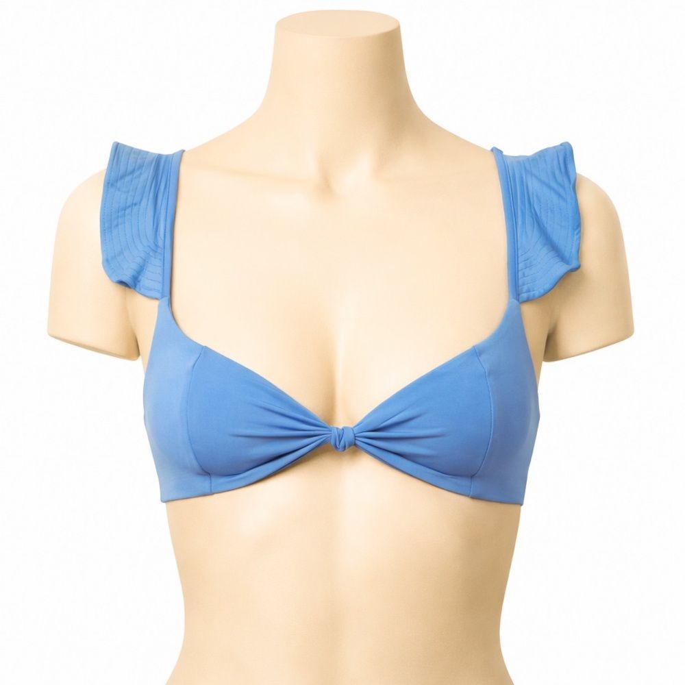 Peixoto Amara Textured Bikini Top Ruffle Shoulder Pullover Swim Blue L NEW